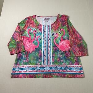 Leoma LoveGrove Womens XXL Flamingo Floral Print Long Sleeve Shirt